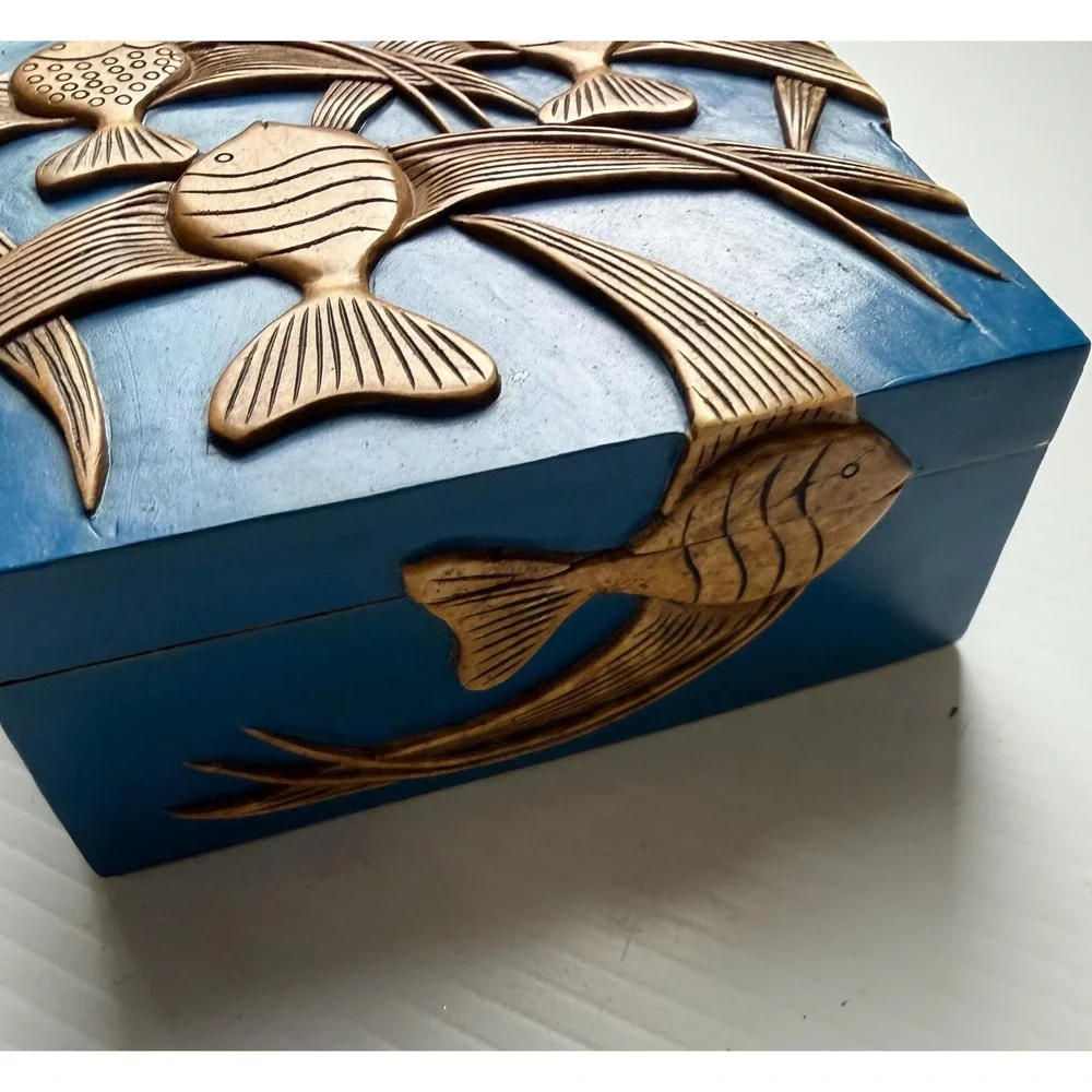 Vintage Taiwan Carved Soapstone Trinket Box Blue Angelfish Stone Jewelry Holder
